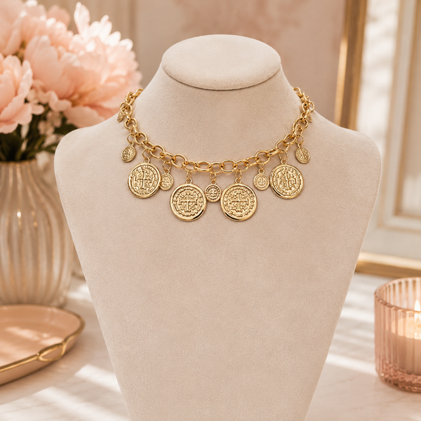 14K Gold Plated Link Coin Charm Necklace