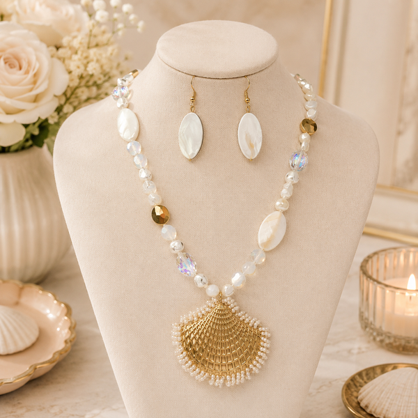 Gold & White Long Beaded Seashell Necklace Set