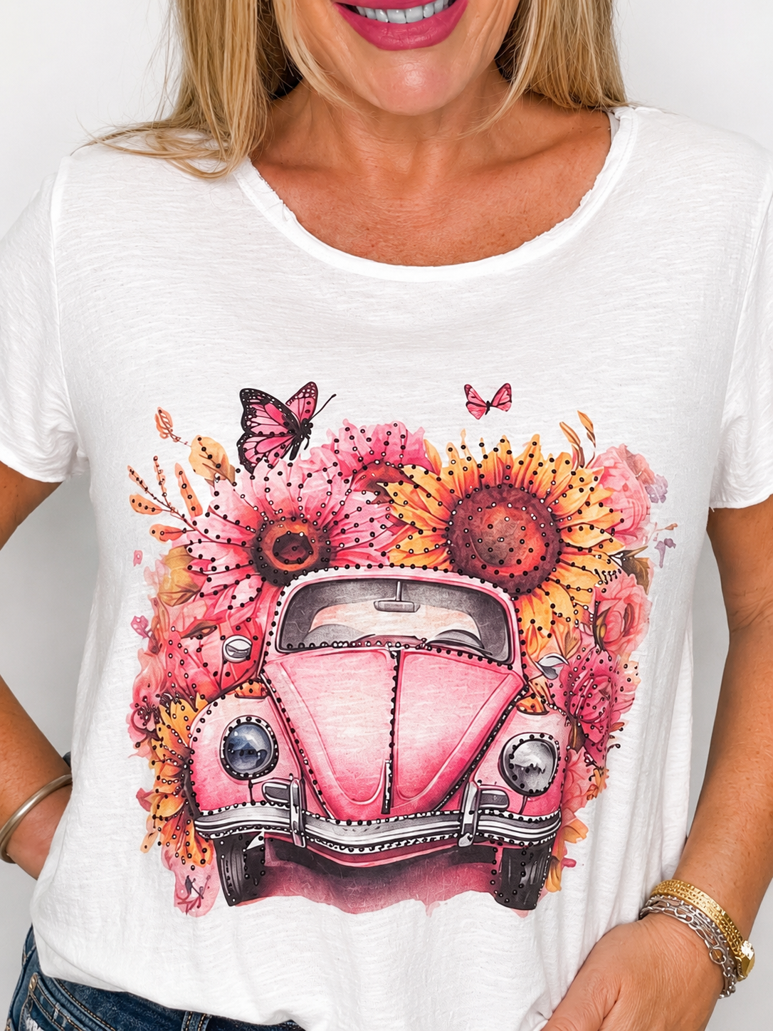 Floral Rhinestone Crewneck Tee Top