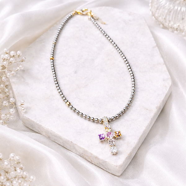 Silver & Gold Beaded Rhinestone Cross Charm Necklace