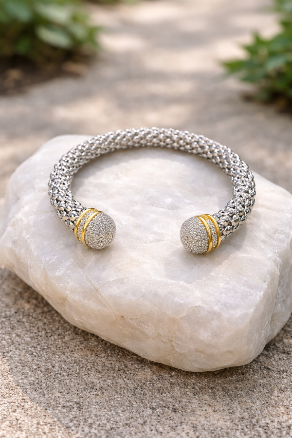 Braided Rhodium Plated Rhinestone Cuff Bracelet