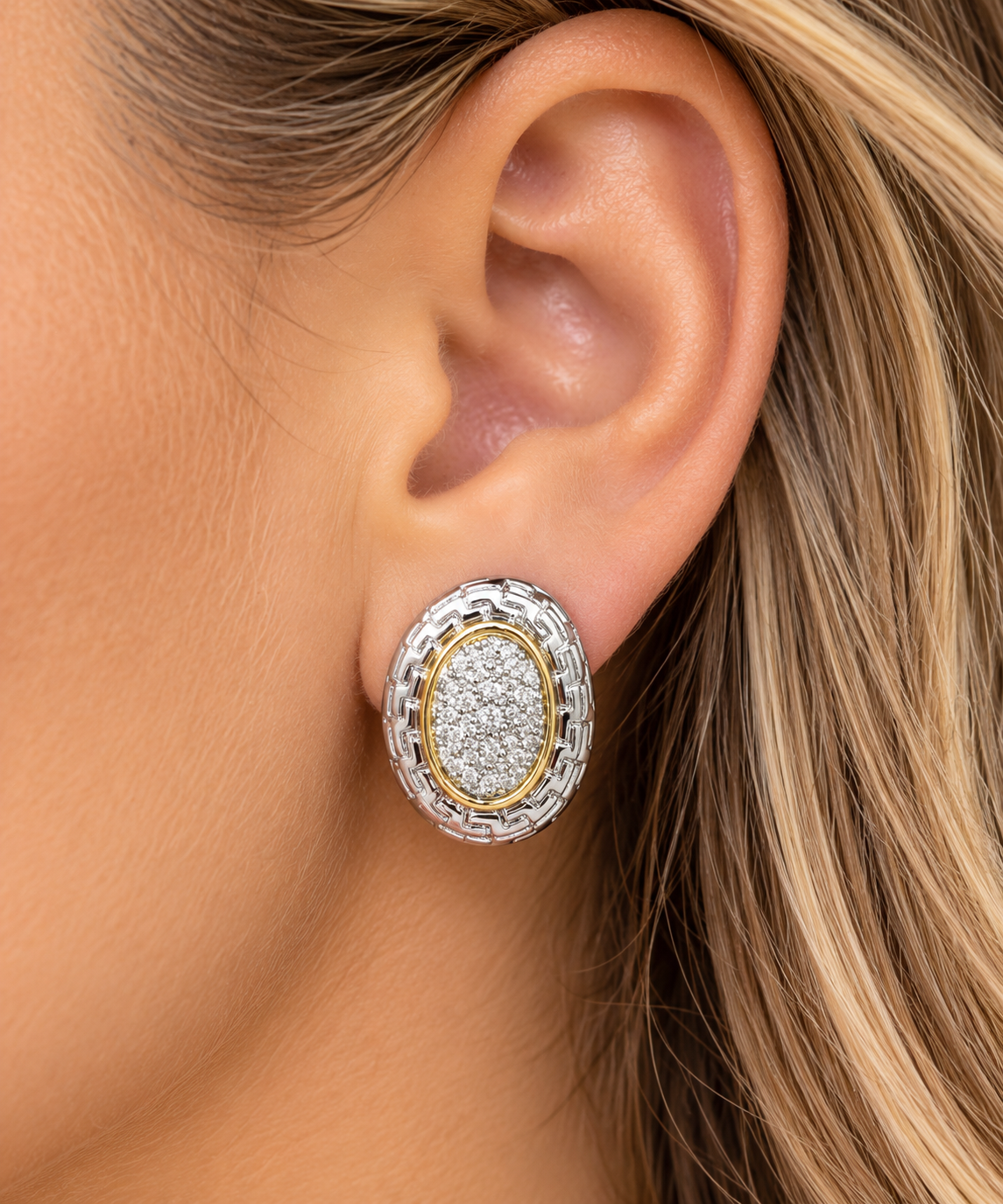 Gold Plated CZ Pavé Oval Stud Earrings