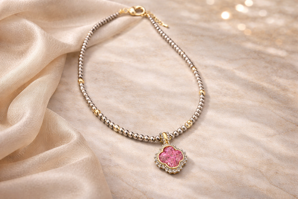 Silver Beaded Quadrefoil Charm Necklace with Gold Accents