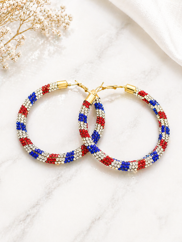 Red White & Blue Rhinestone Hoop Earrings