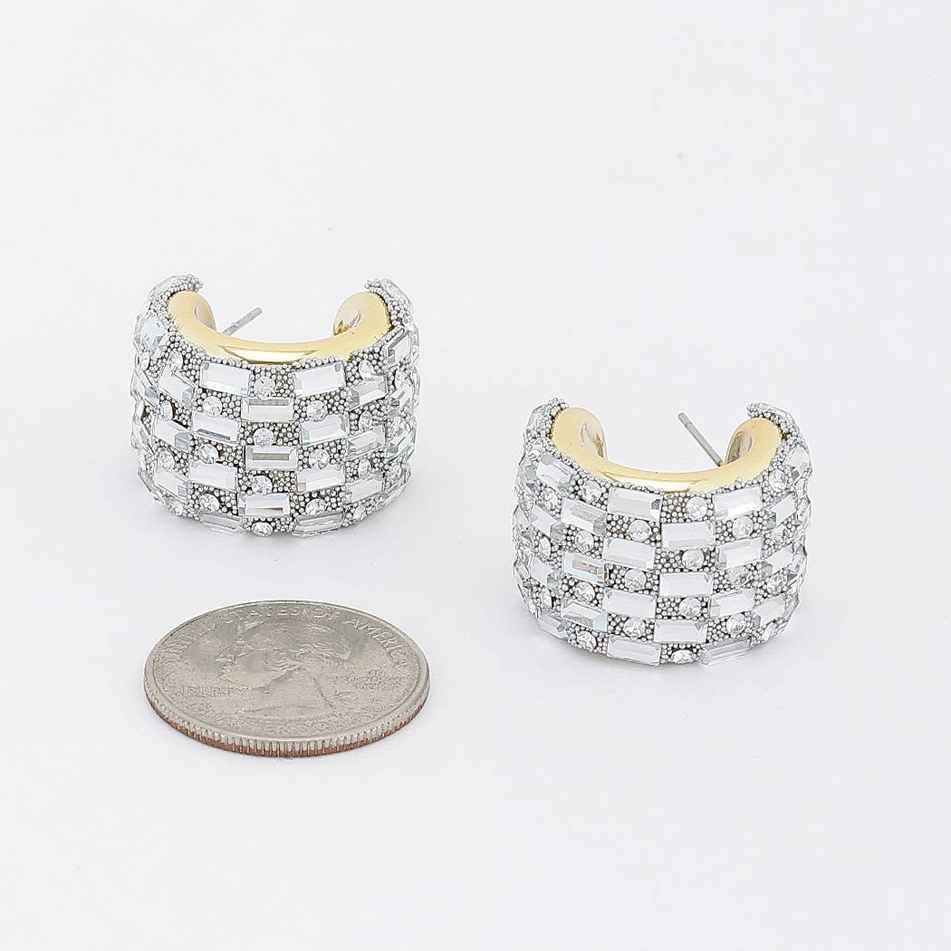 Pave Baguette Rhinestone Chunky C-Hoop Earrings