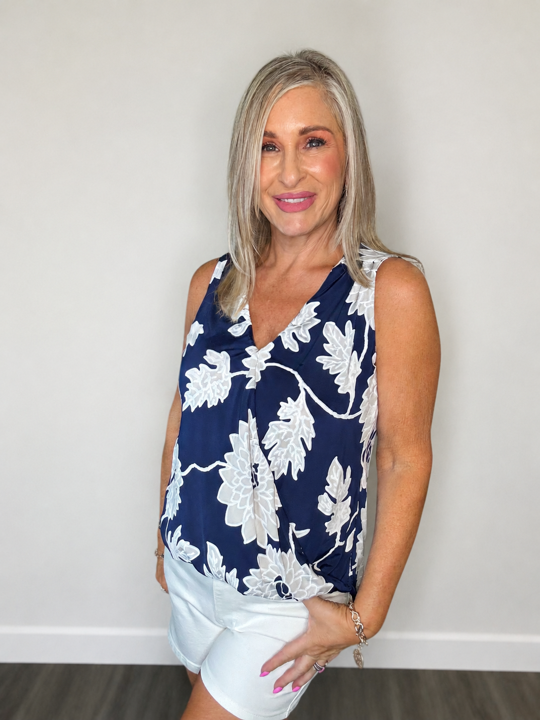 Textured Floral Criss Cross V-Neck Tank Top