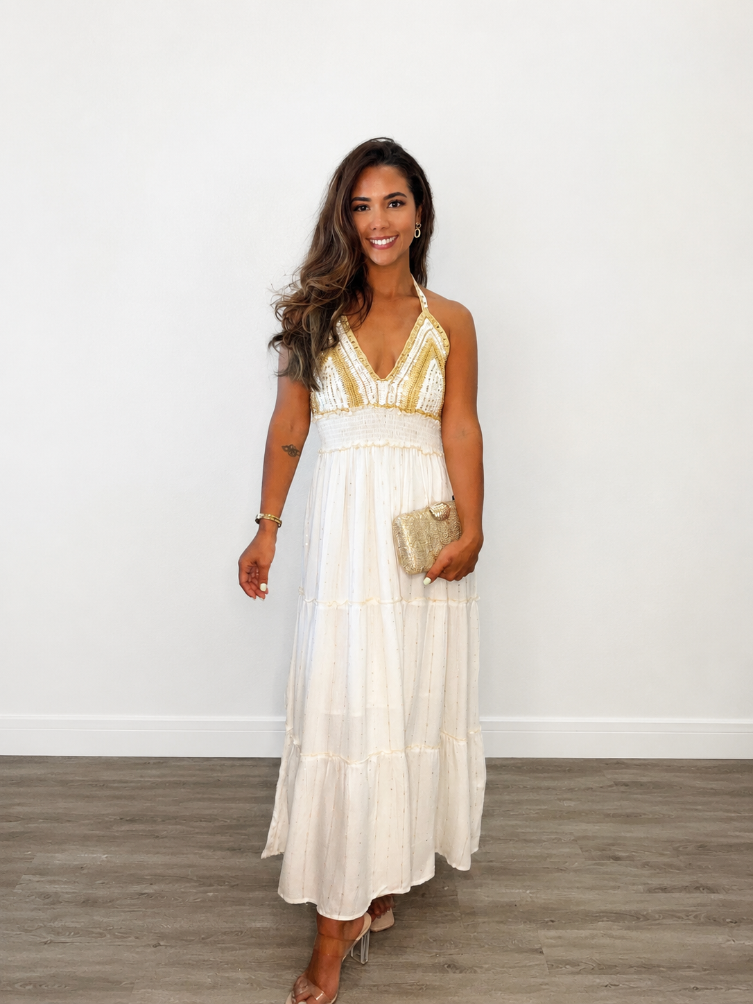 Gold Crochet  Tiered Maxi Dress