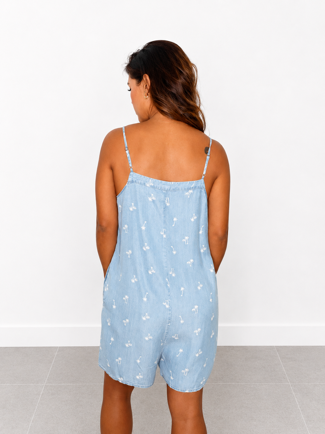 Palm Tree Print V-Neck Banded Romper