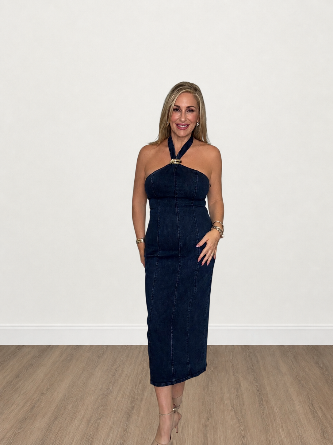 Dark Wash Denim Halter Midi Dress