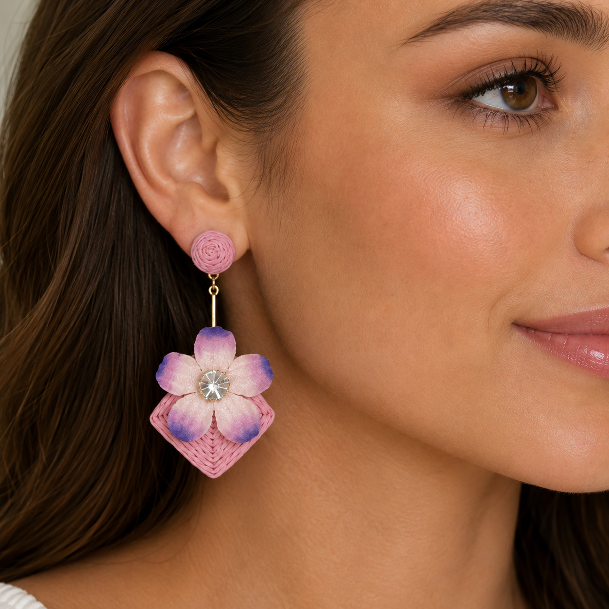 Twine Metal Line Drop Flower Crystal Earring