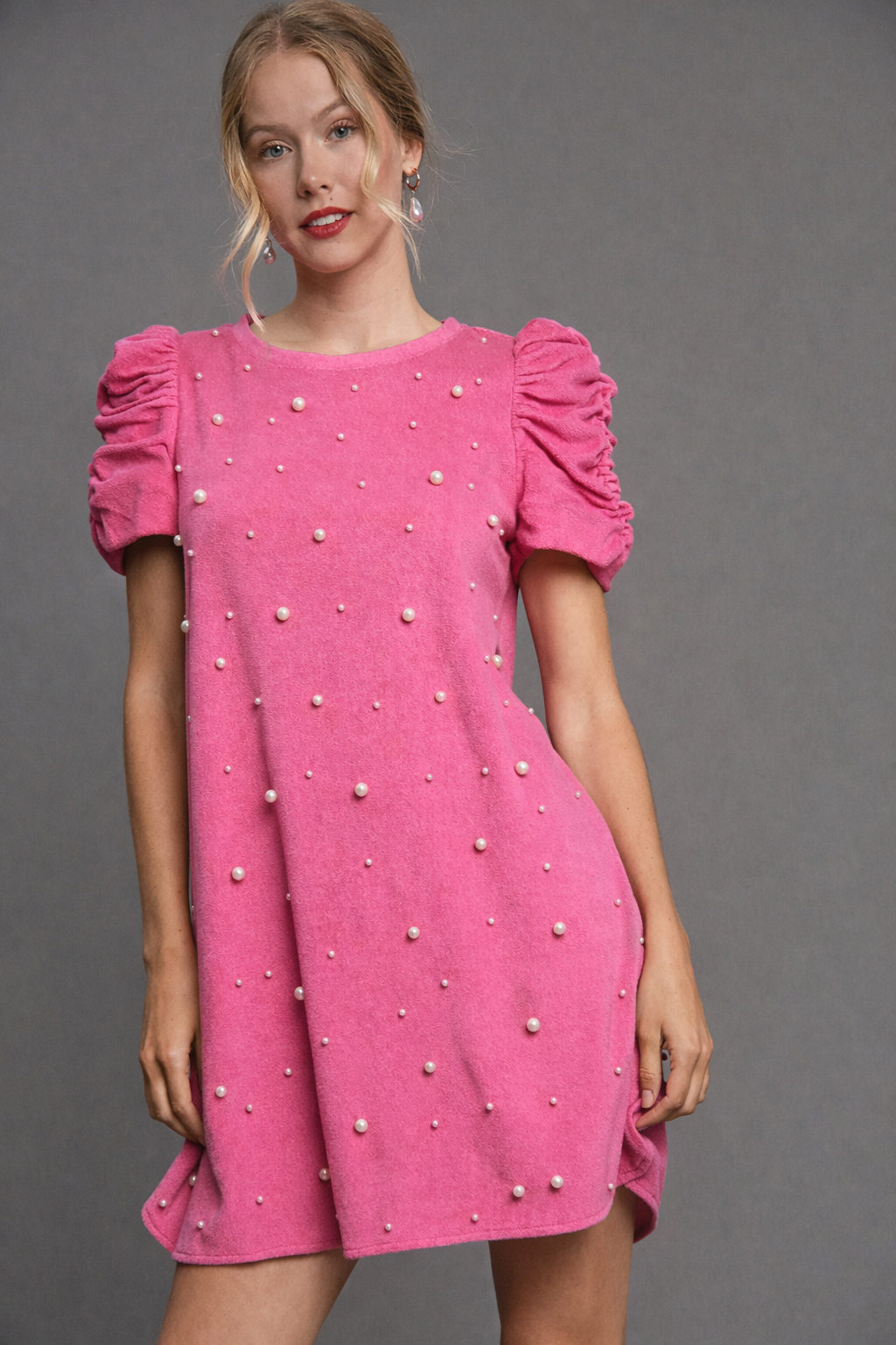 Pearl Round Neck Terry Cloth Mini Dress