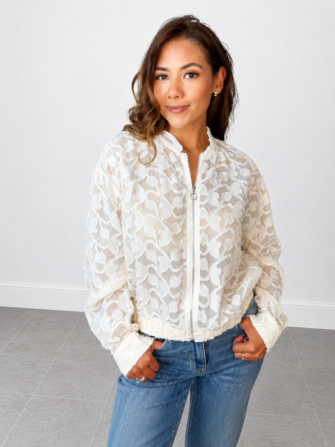 Jacquard Semi-Sheer Floral Bomber Blouse Jacket