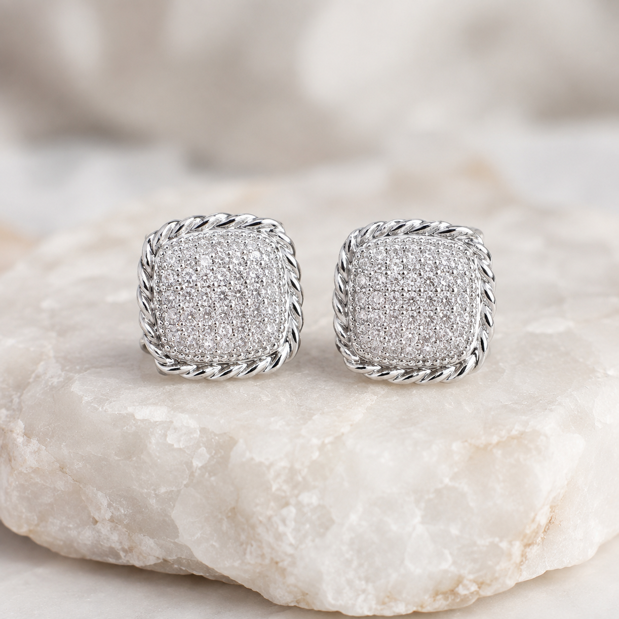 Square Braided Pavé Stud Earrings
