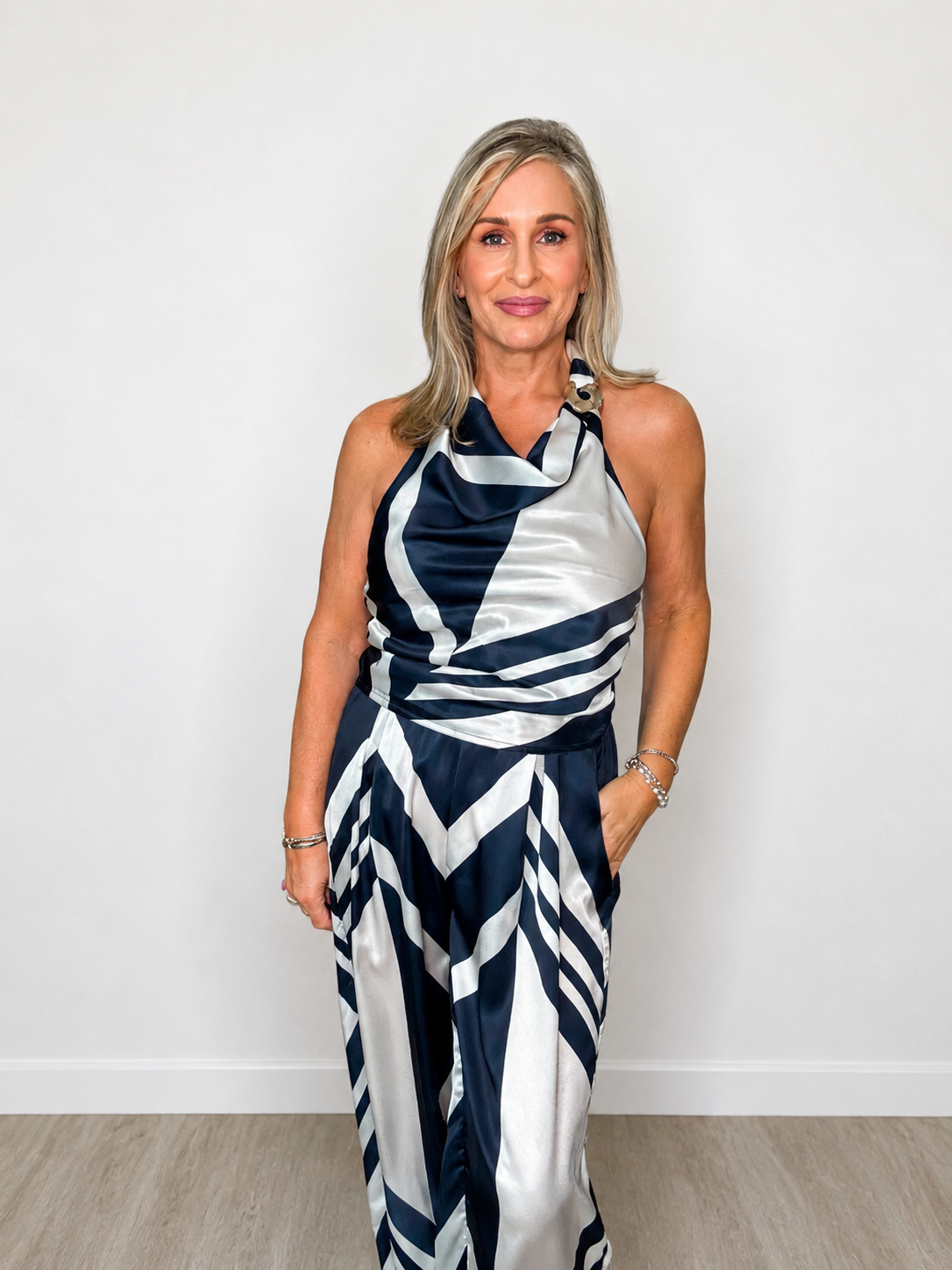 Satin Halter Neck Top & Wide-Leg Pants Set