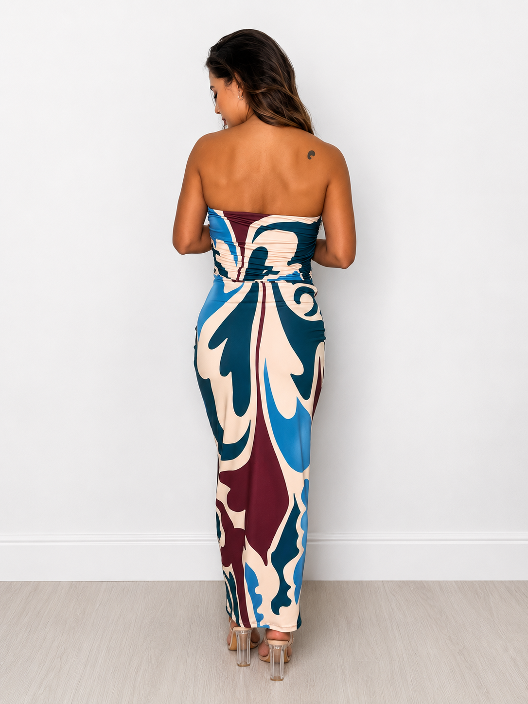 Abstract Print Strapless Maxi Dress