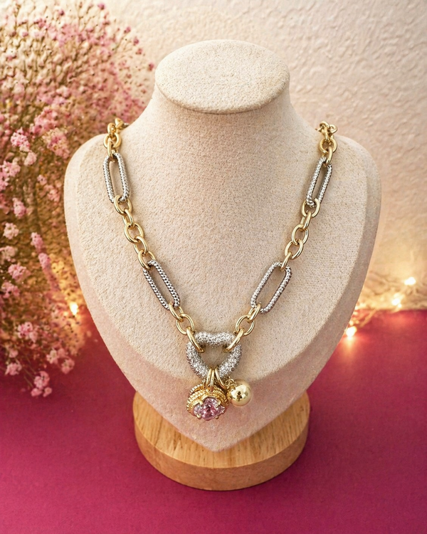 Two-Tone Cubic Zirconia Heart & Quatrefoil Charm Necklace – 17½"