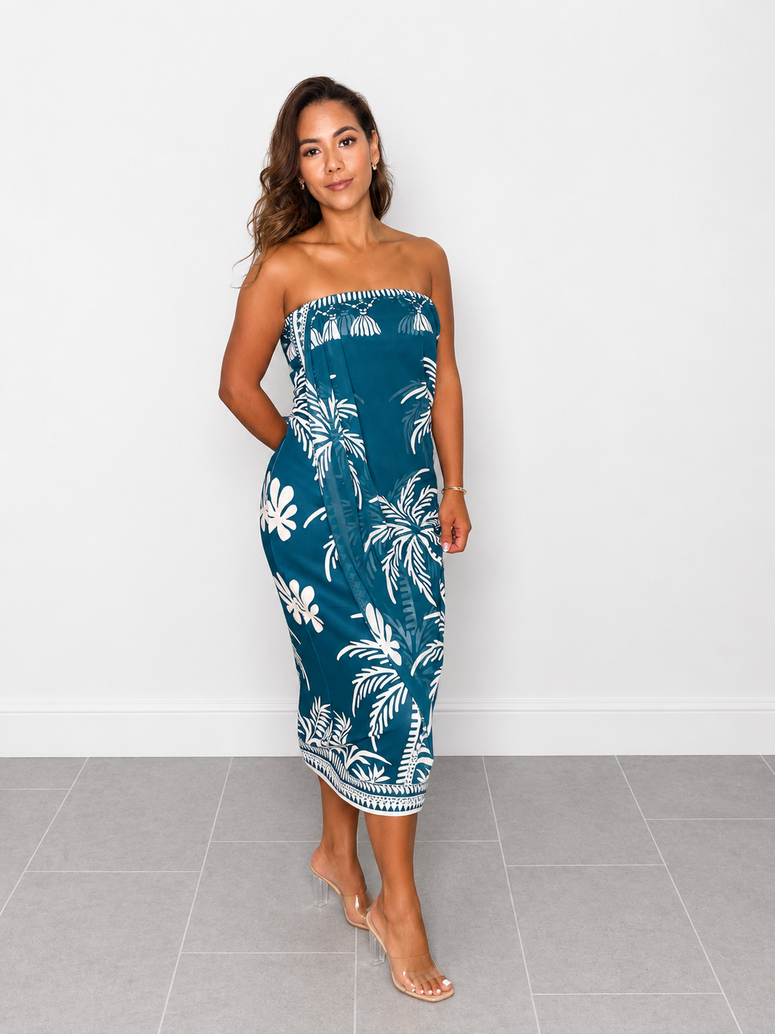 Strapless Chiffon Scarf Panel Midi Dress