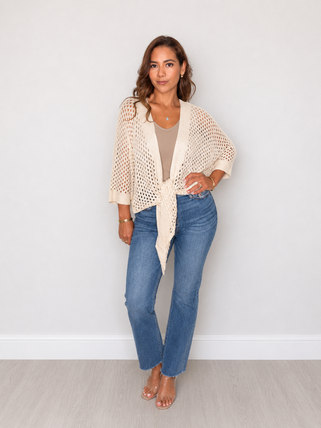Metallic Open-Knit Tie-Front Cardigan