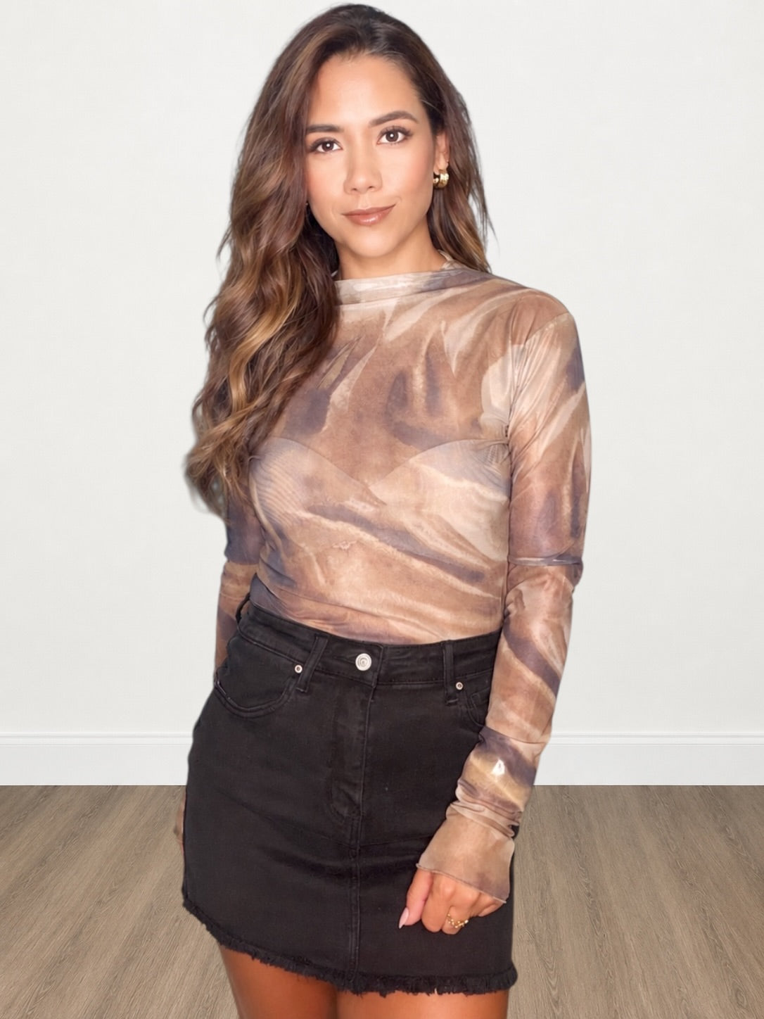 Ruffled Mock Neck Mesh Top