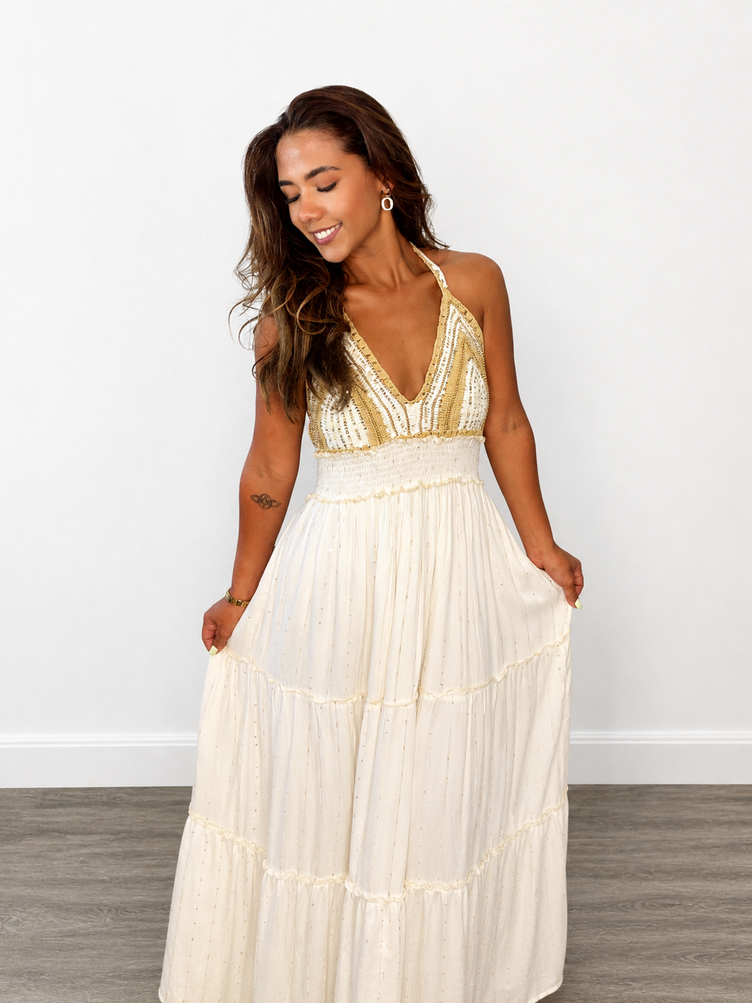 Gold Crochet  Tiered Maxi Dress