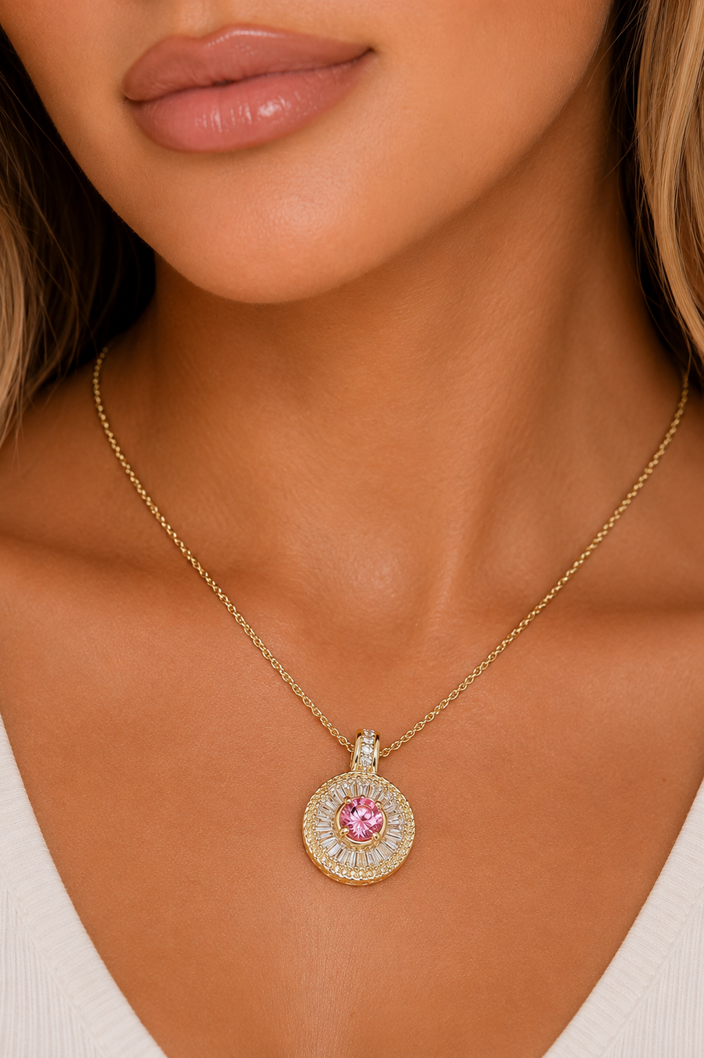The Pink Round Crystal CZ Pendant Necklace