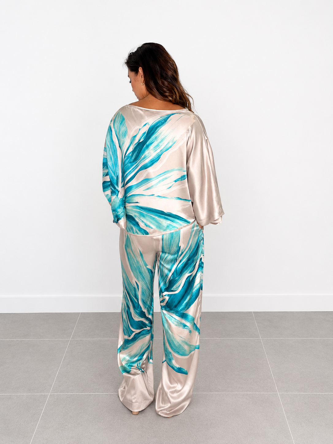 Botanical Print Satin Cropped Blouse & Wide-Leg Pants Set
