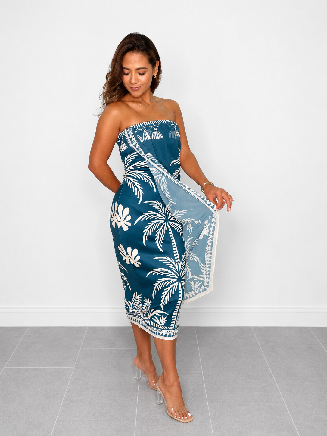 Strapless Chiffon Scarf Panel Midi Dress