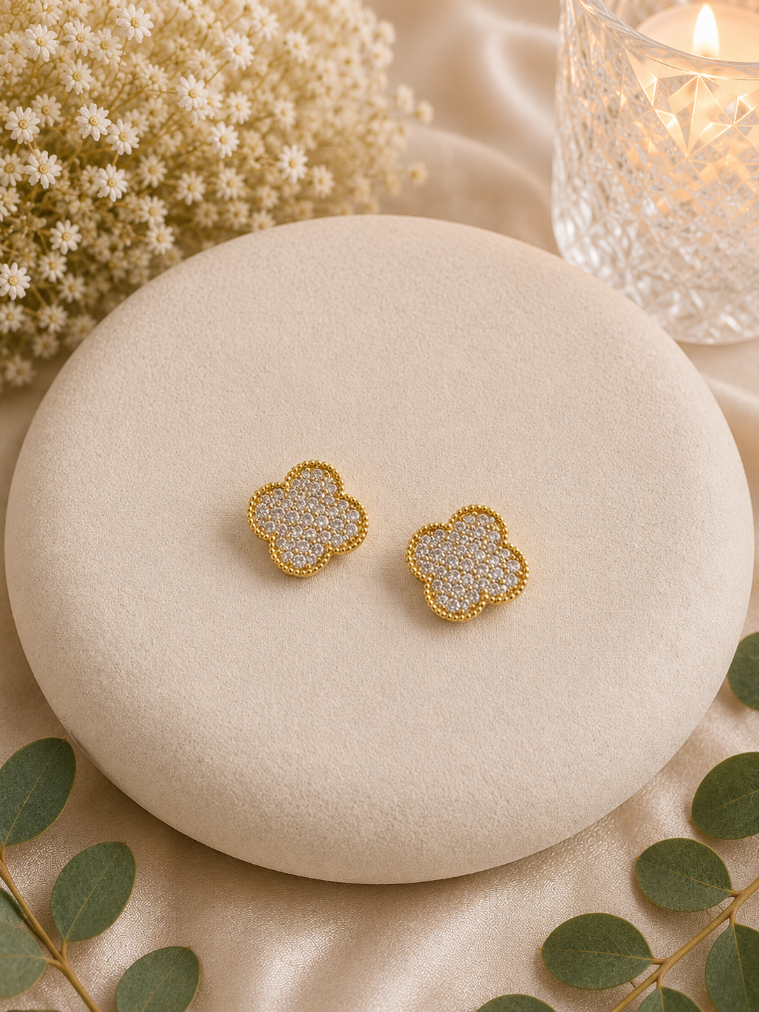 Quatrefoil CZ Paved Clover Stud Earrings