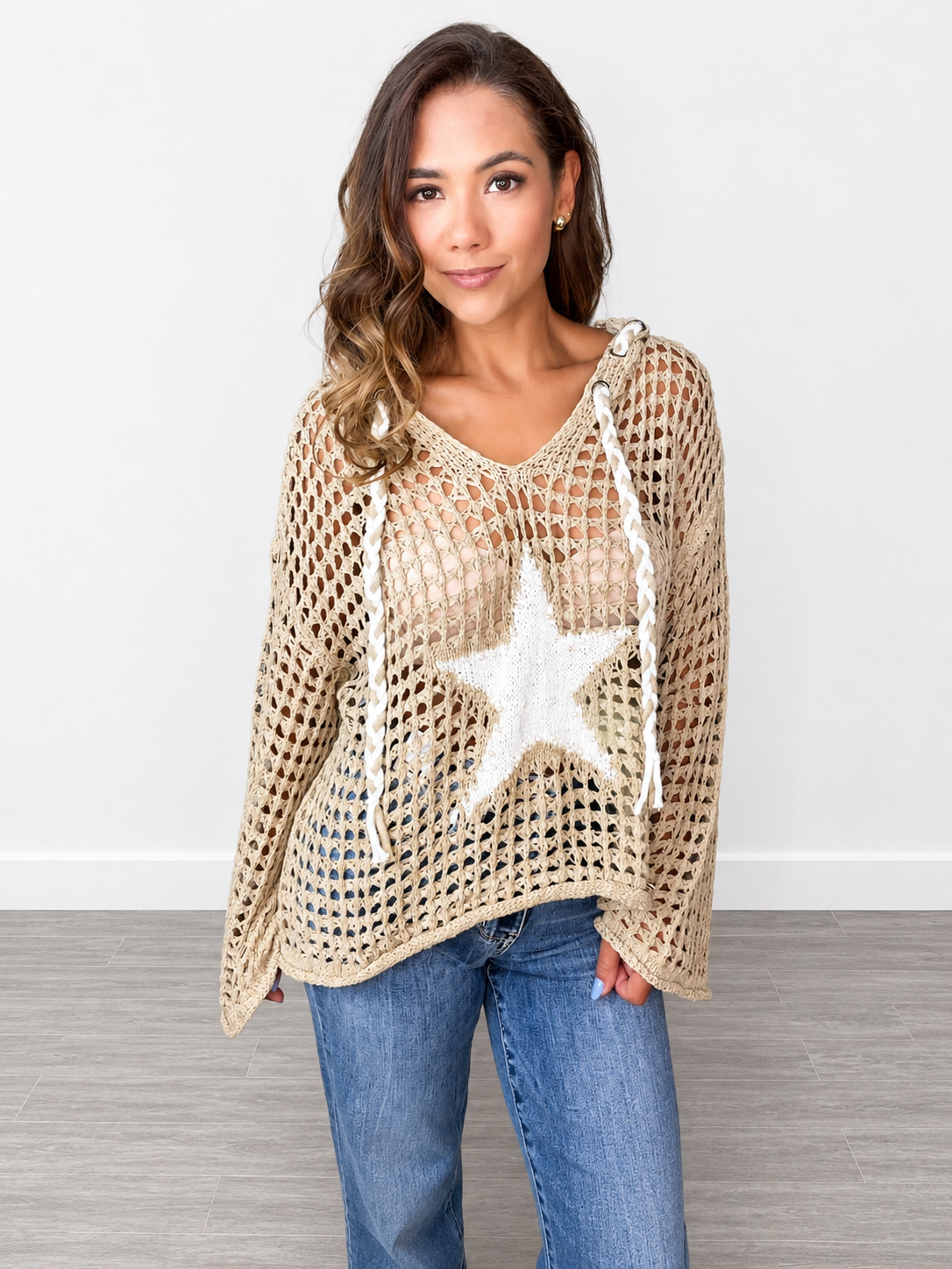 Open Weave Star Patch Pearl Stud Hoodie Sweater Top by POL