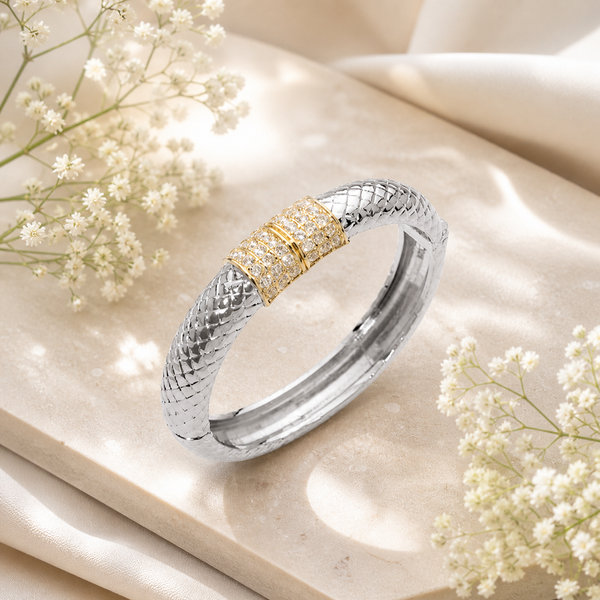 14k Two Tone CZ Pavé Bar Hinged Bangle Bracelet