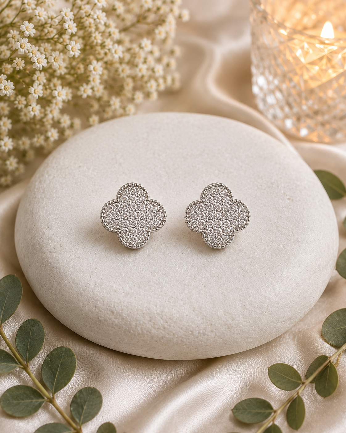 Quatrefoil CZ Paved Clover Stud Earrings