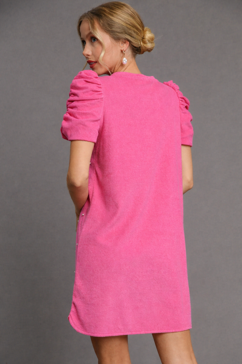 Pearl Round Neck Terry Cloth Mini Dress