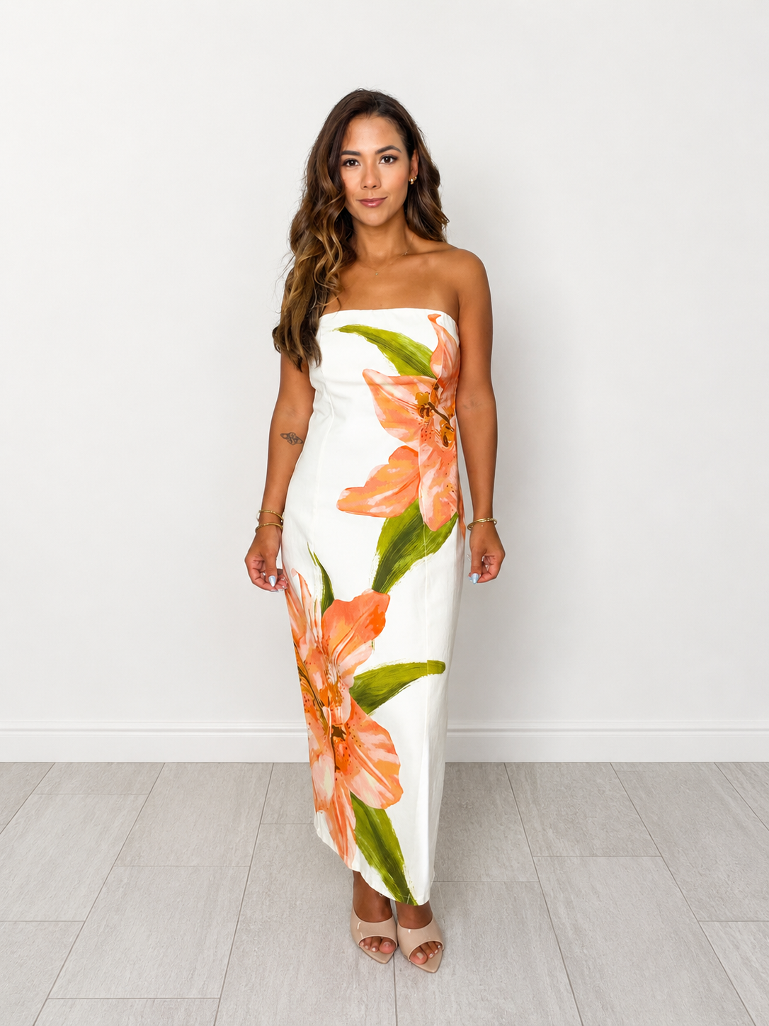Oversized Floral Print Strapless Tube Midi Dress