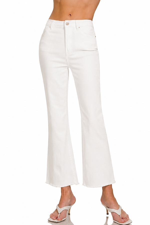 White High Waist Frayed Hem Bootcut Pants