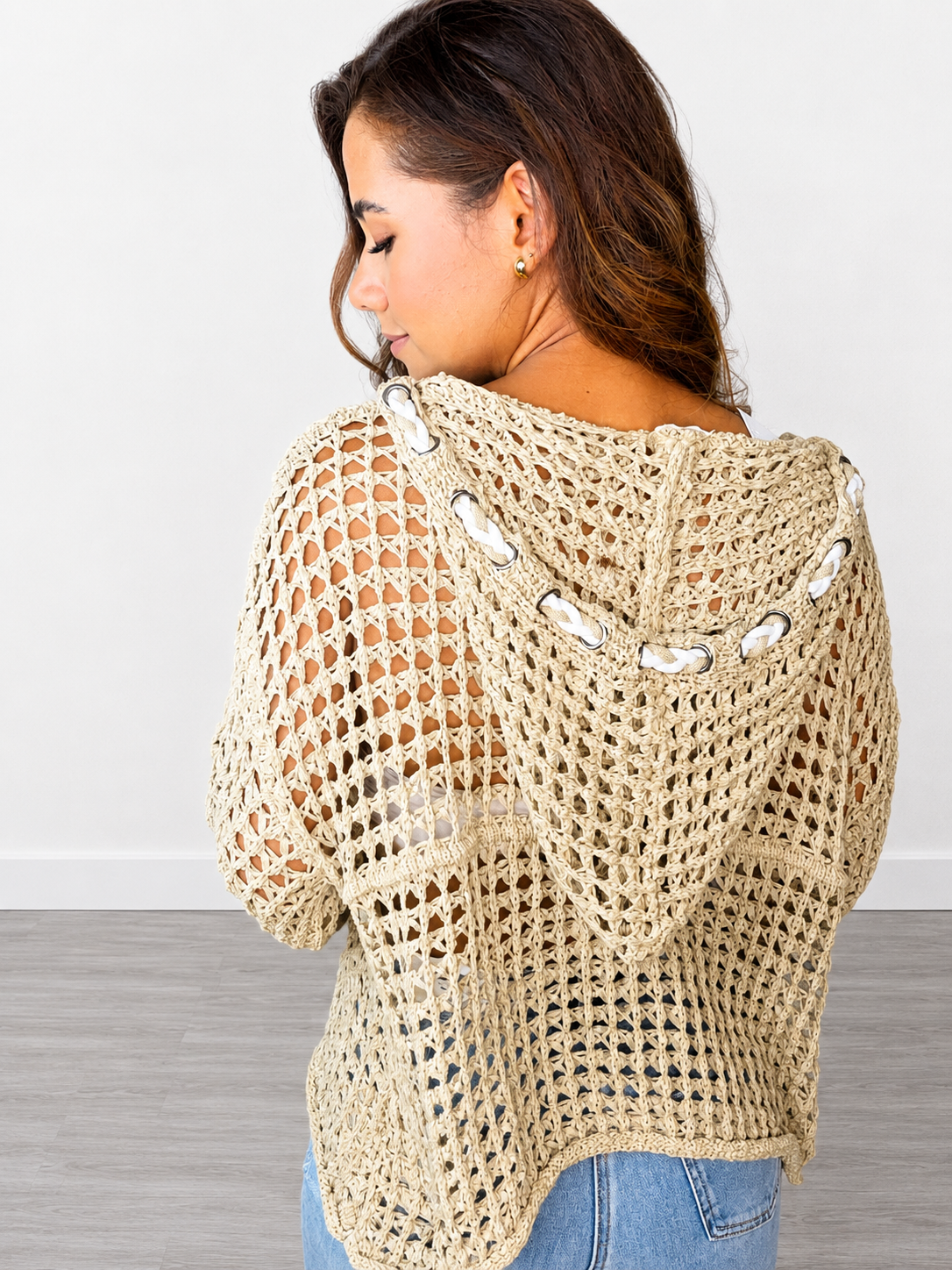 Open Weave Star Patch Pearl Stud Hoodie Sweater Top by POL