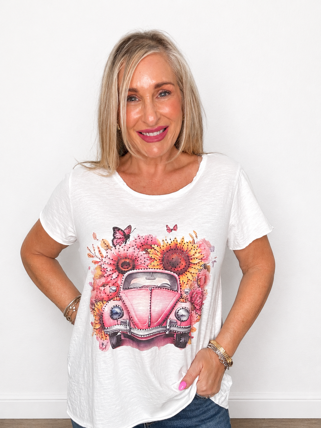 Floral Rhinestone Crewneck Tee Top