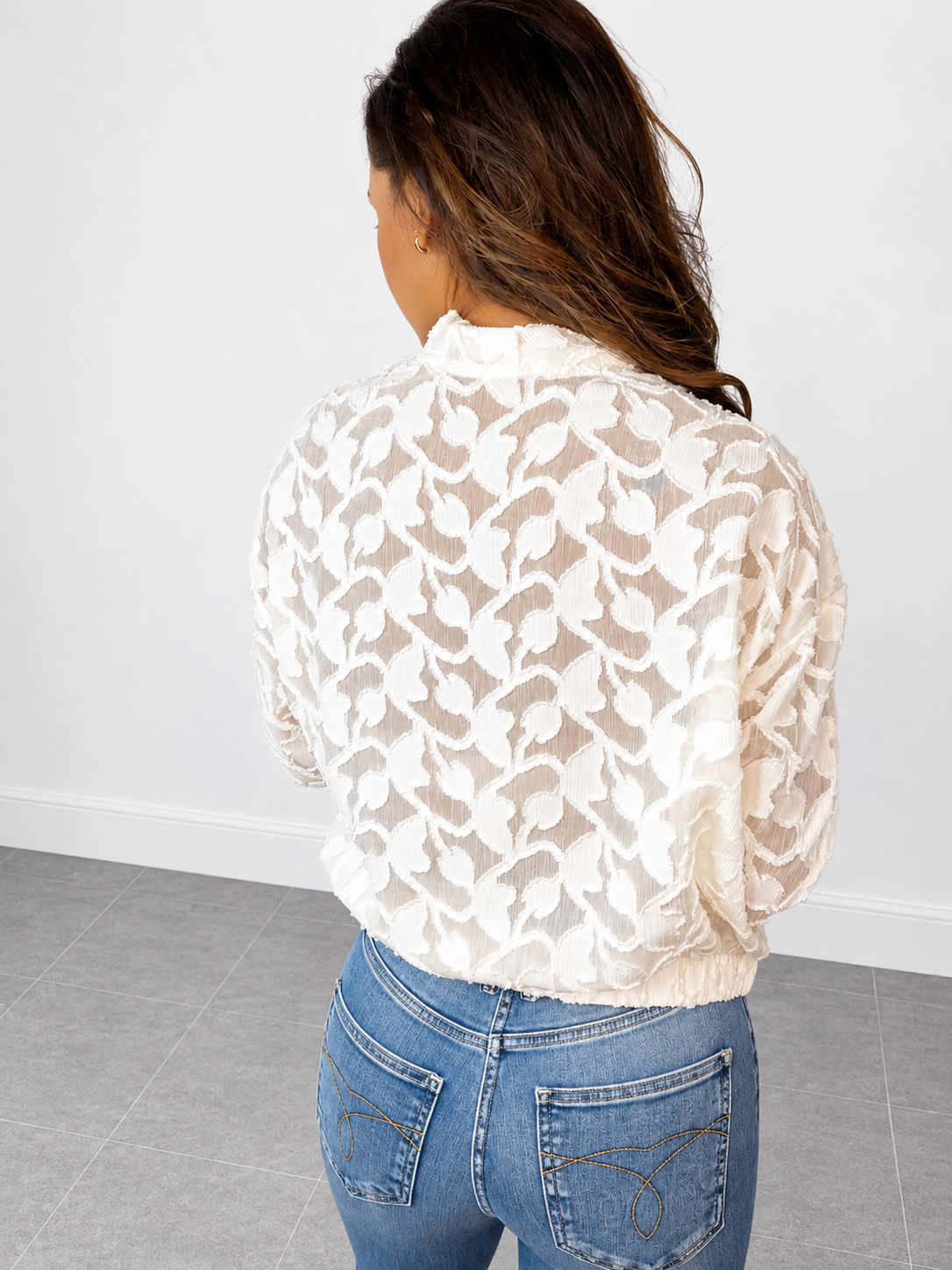 Jacquard Semi-Sheer Floral Bomber Blouse Jacket