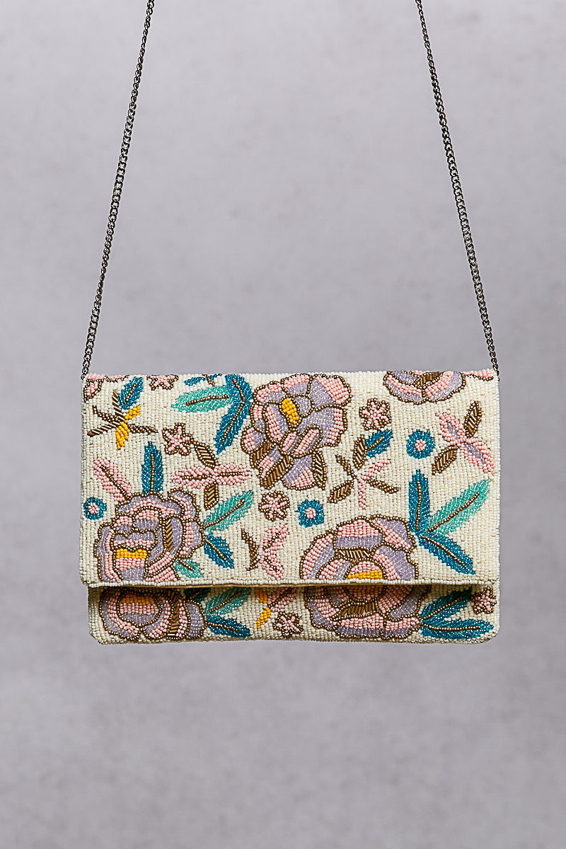 Floral Beaded Clutch Crossbody Purse