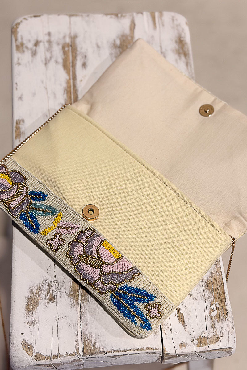 Floral Beaded Clutch Crossbody Purse