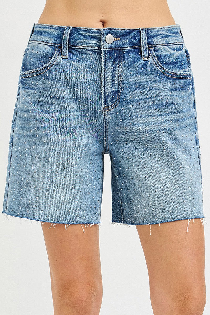 Slouchy Mid Length Rhinestones Shorts by Risen