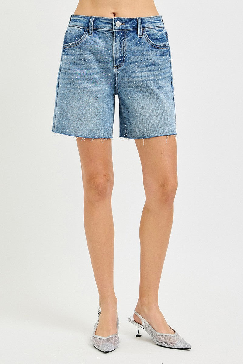 Slouchy Mid Length Rhinestones Shorts by Risen