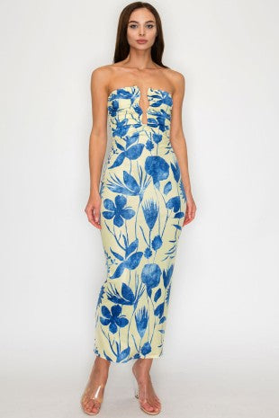 Blue Floral Tube Maxi Dress