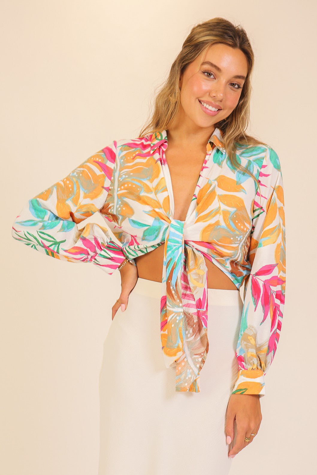 Tropical Tie-Front Blouse Top