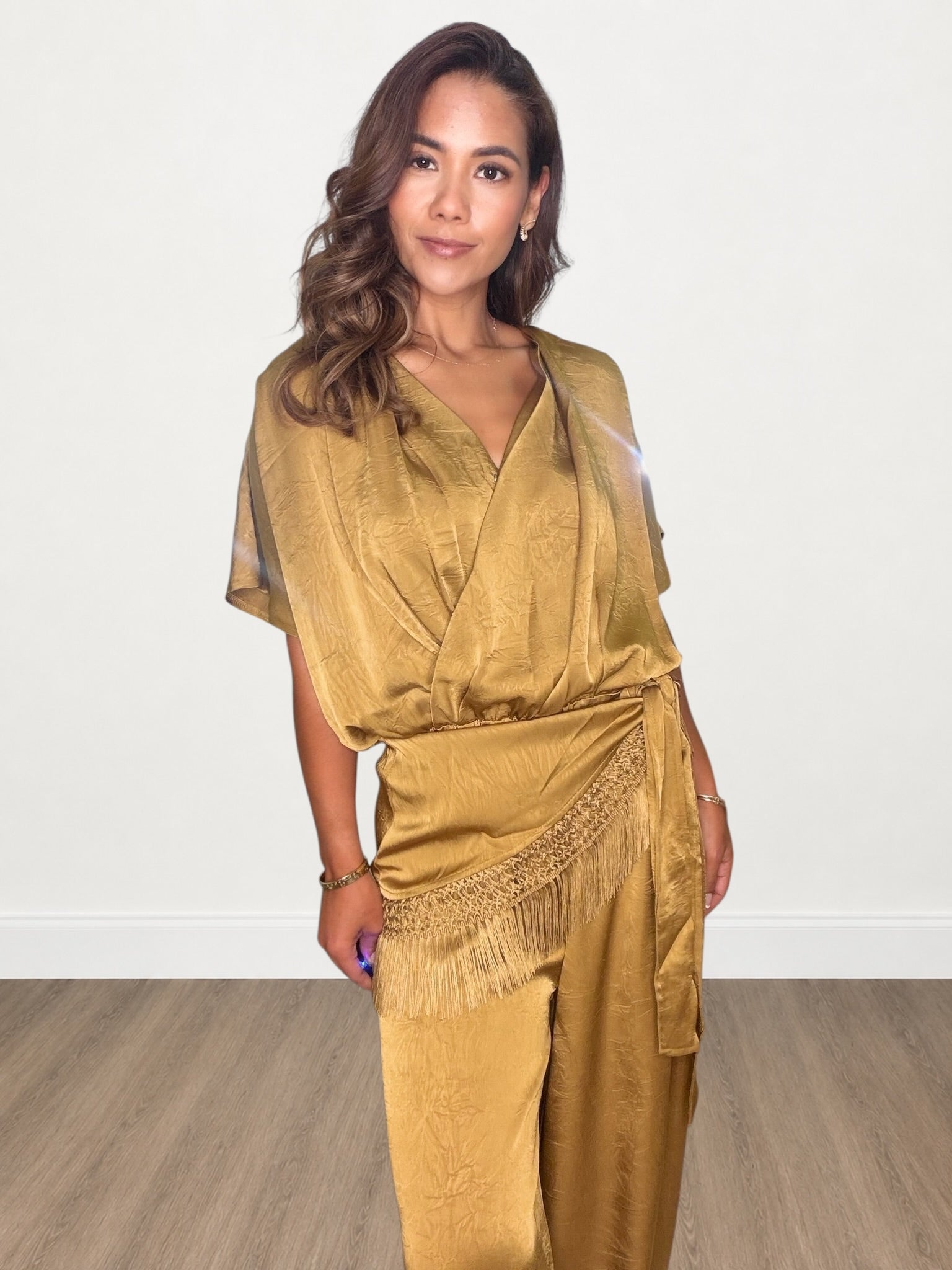 Draped V-neck Satin Jumpsuit With Fringe Trim