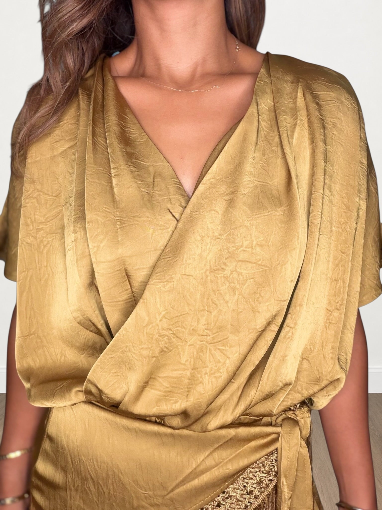 Draped V-neck Satin Jumpsuit With Fringe Trim