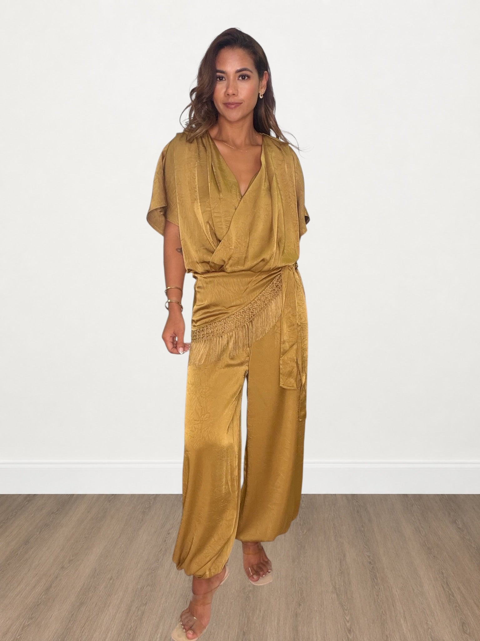 Draped V-neck Satin Jumpsuit With Fringe Trim