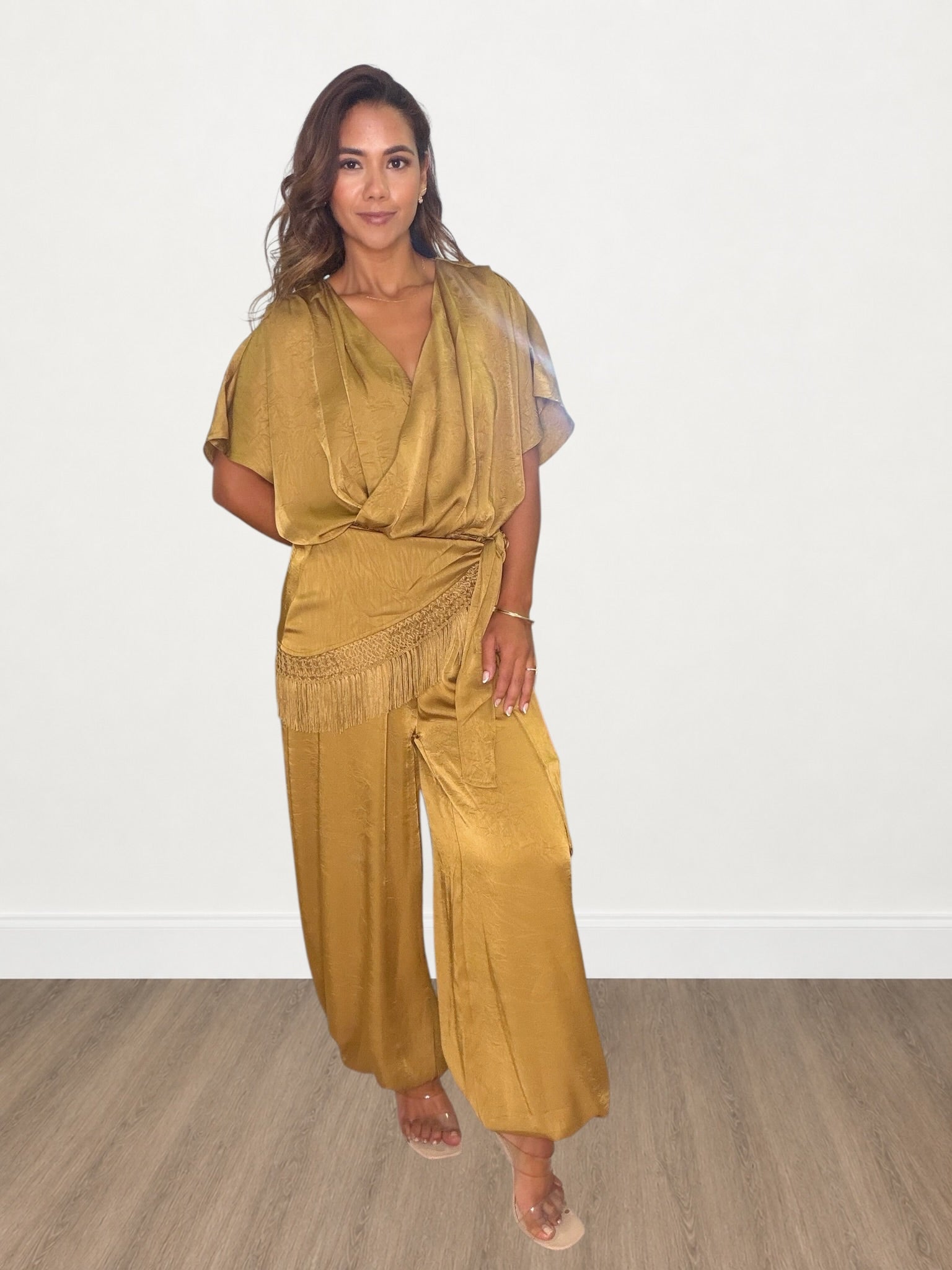 Draped V-neck Satin Jumpsuit With Fringe Trim