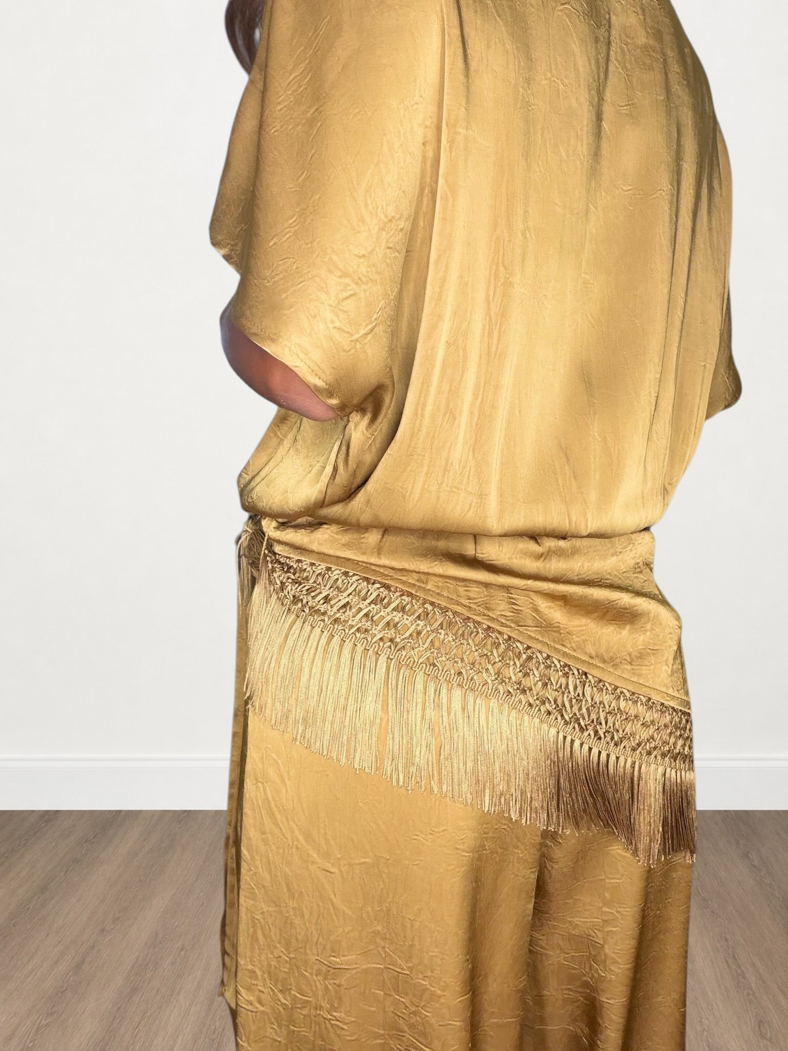 Draped V-neck Satin Jumpsuit With Fringe Trim