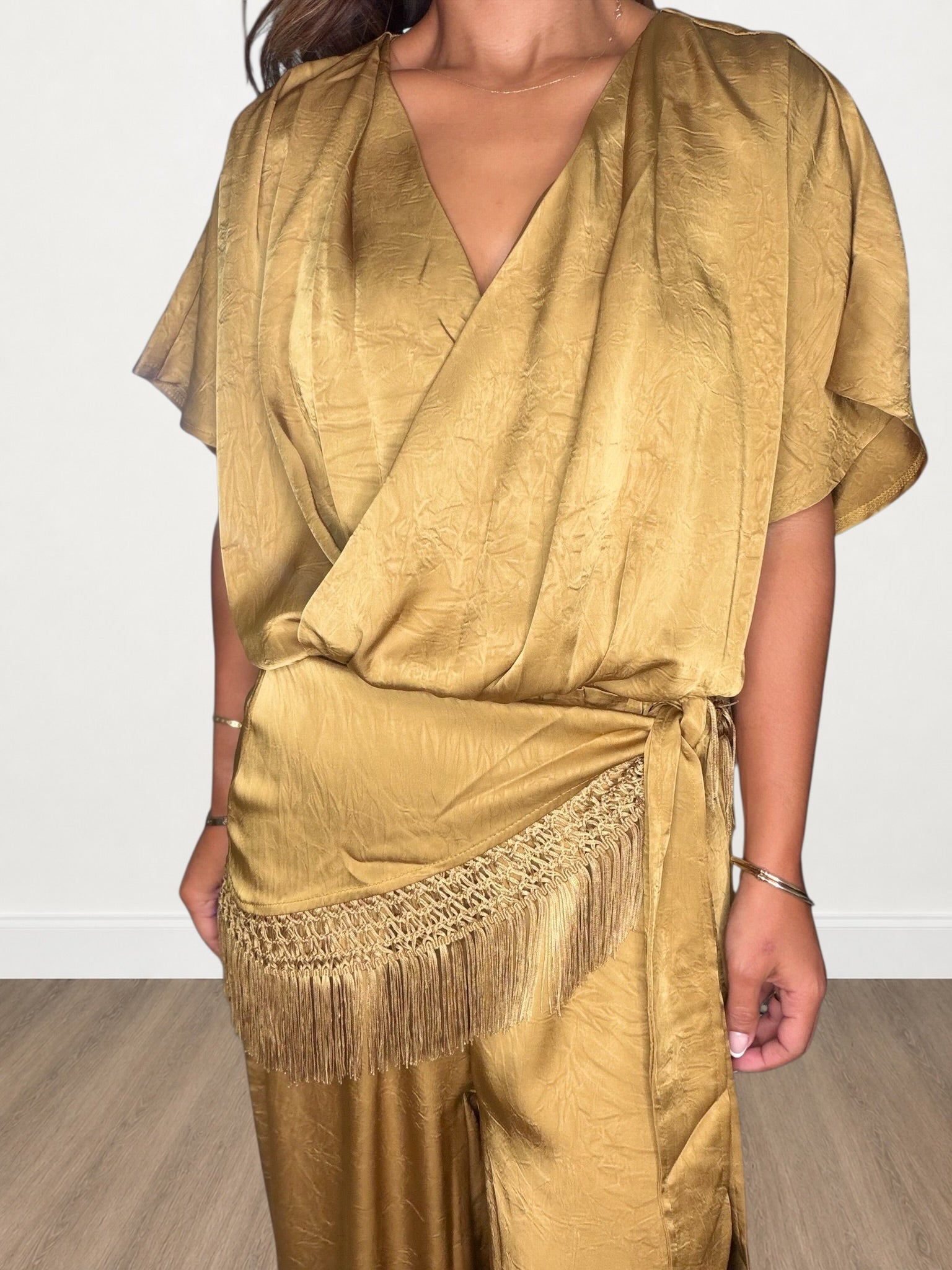 Draped V-neck Satin Jumpsuit With Fringe Trim