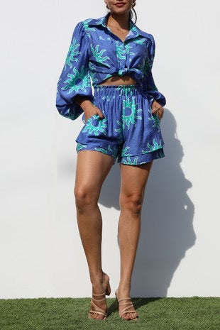 Printed Button Down Woven Top And Shorts Set